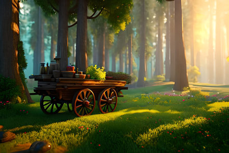 A wagon in the middle of a fairy-tale forestの素材
