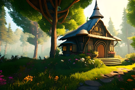 House in the middle of a fairy-tale forest, a very beautiful illustration. Cartoon style.の素材