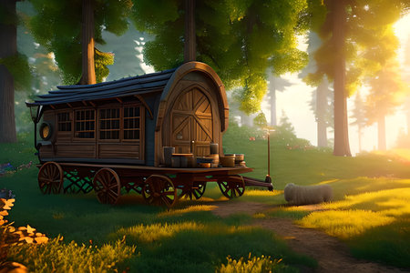 A wagon in the middle of a fairy-tale forestの素材
