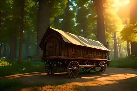 A wagon in the middle of a fairy-tale forestの素材