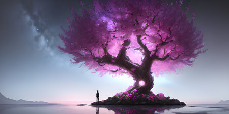Illustration with a fantastic tree in the style of a painting. A majestic tree.の素材