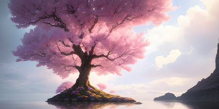Illustration with a fantastic tree in the style of a painting. A majestic tree.の素材
