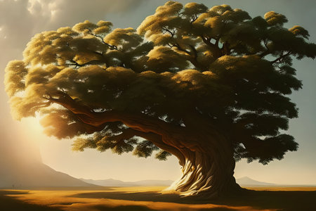 A lonely tree in a futuristic world, an evening sunset, beautiful lighting.の素材