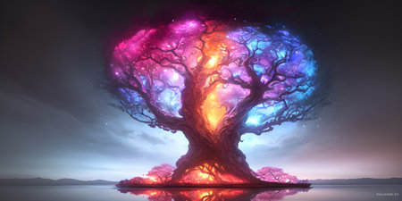 Illustration with a fantastic tree in the style of a painting. A majestic tree.の素材