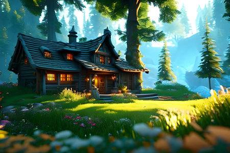 House in the middle of a fairy-tale forest, a very beautiful illustration. Cartoon style.の素材