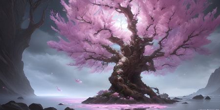 Illustration with a fantastic tree in the style of a painting. A majestic tree.の素材