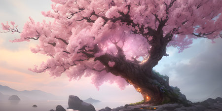 Illustration with a fantastic tree in the style of a painting. A majestic tree.の素材