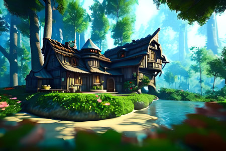 House in the middle of a fairy-tale forest.の素材