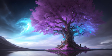 Illustration with a fantastic tree in the style of a painting. A majestic tree.の素材