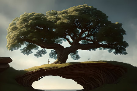 A lonely tree in a futuristic world, an evening sunset, beautiful lighting.の素材