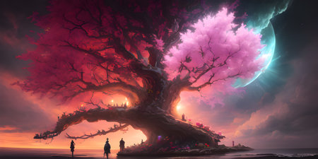 Illustration with a fantastic tree in the style of a painting. A majestic tree.の素材