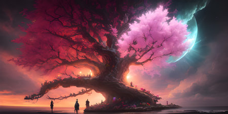 Illustration with a fantastic tree in the style of a painting. A majestic tree.の素材