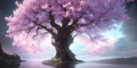 Illustration with a fantastic tree in the style of a painting. A majestic tree.の素材