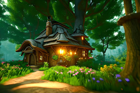 House in the middle of a fairy-tale forest.の素材