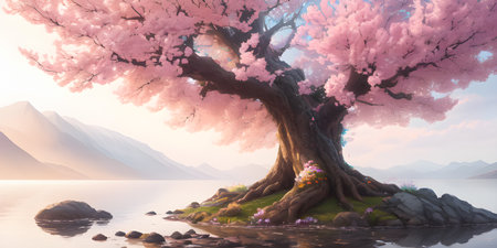 Illustration with a fantastic tree in the style of a painting. A majestic tree.の素材