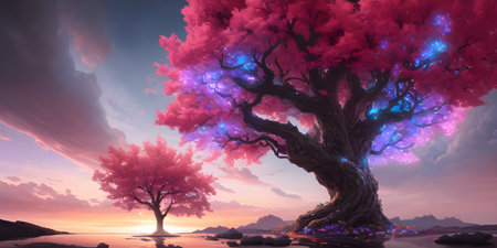Illustration with a fantastic tree in the style of a painting. A majestic tree.の素材