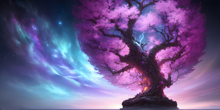 Illustration with a fantastic tree in the style of a painting. A majestic tree.の素材