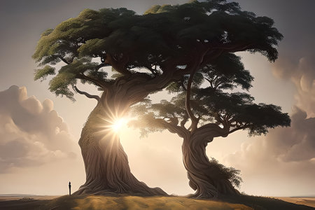 A lonely tree in a futuristic world, an evening sunset, beautiful lighting.の素材