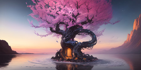 Illustration with a fantastic tree in the style of a painting. A majestic tree.の素材