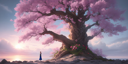 Illustration with a fantastic tree in the style of a painting. A majestic tree.の素材