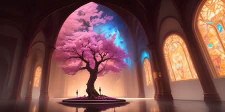 Illustration with a fantastic tree in the style of a painting. A majestic tree.の素材