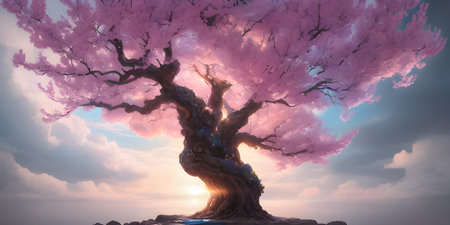 Illustration with a fantastic tree in the style of a painting. A majestic tree.の素材