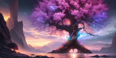 Illustration with a fantastic tree in the style of a painting. A majestic tree.の素材