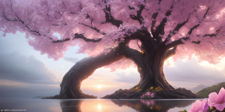 Illustration with a fantastic tree in the style of a painting. A majestic tree.の素材