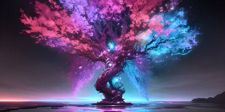 Illustration with a fantastic tree in the style of a painting. A majestic tree.の素材