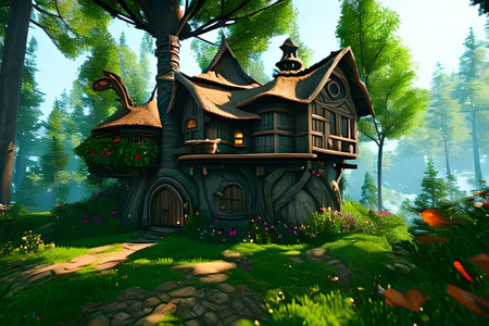 House in the middle of a fairy-tale forest.の素材