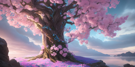 Illustration with a fantastic tree in the style of a painting. A majestic tree.の素材