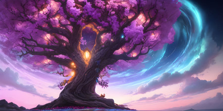 Illustration with a fantastic tree in the style of a painting. A majestic tree.の素材