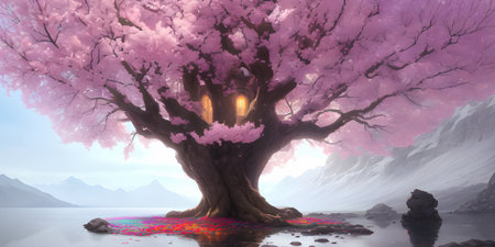 Illustration with a fantastic tree in the style of a painting. A majestic tree.の素材