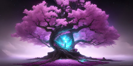 Illustration with a fantastic tree in the style of a painting. A majestic tree.の素材