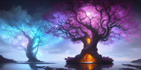 Illustration with a fantastic tree in the style of a painting. A majestic tree.の素材