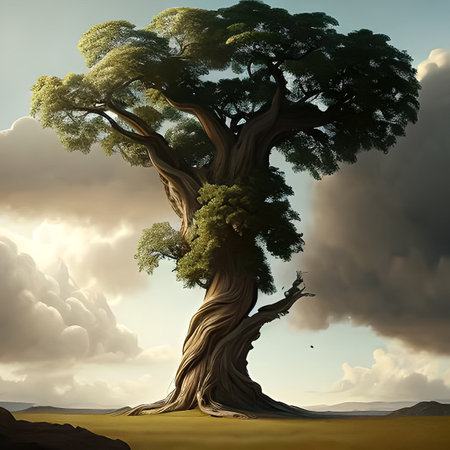 A lonely tree in a futuristic world, an evening sunset, beautiful lighting.の素材