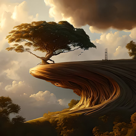 A lonely tree in a futuristic world, an evening sunset, beautiful lighting.の素材