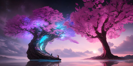 Illustration with a fantastic tree in the style of a painting. A majestic tree.の素材