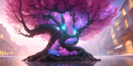 Illustration with a fantastic tree in the style of a painting. A majestic tree.の素材