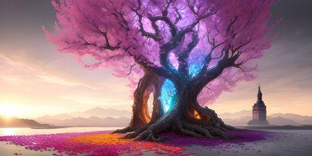 Illustration with a fantastic tree in the style of a painting. A majestic tree.の素材