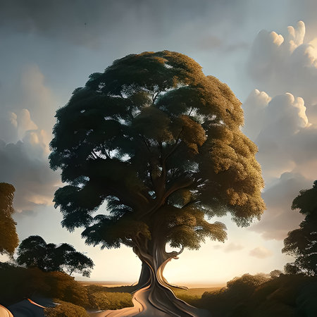 A lonely tree in a futuristic world, an evening sunset, beautiful lighting.の素材