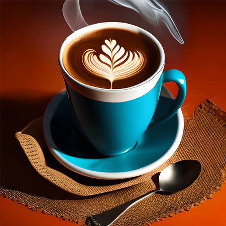 A mug of coffee, coffee beans, a drawing on coffee.の素材