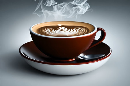 A mug of coffee, coffee beans, a drawing on coffee.の素材