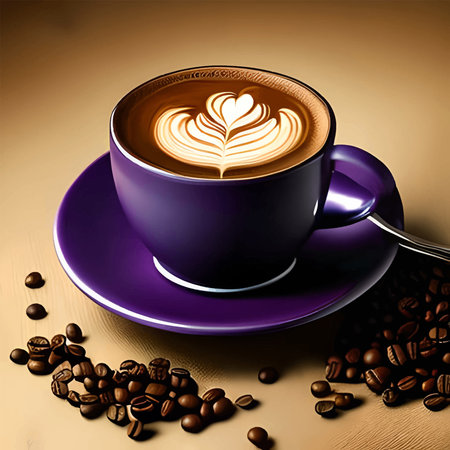 A mug of coffee, coffee beans, a drawing on coffee.の素材