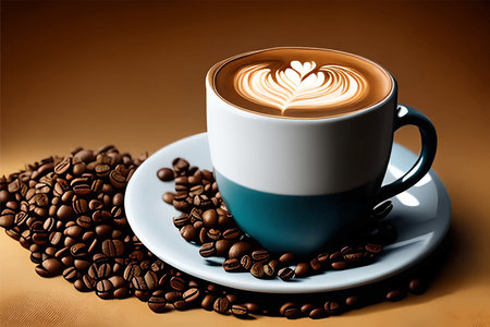 A mug of coffee, coffee beans, a drawing on coffee.の素材