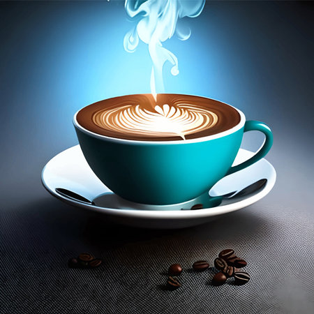 A mug of coffee, coffee beans, a drawing on coffee.のイラスト素材