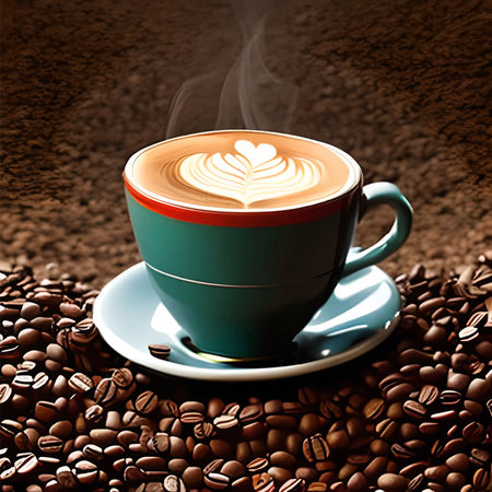 A mug of coffee, coffee beans, a drawing on coffee.のイラスト素材