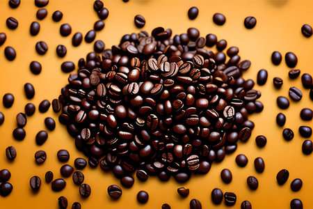 Coffee beans on an orange background.の素材