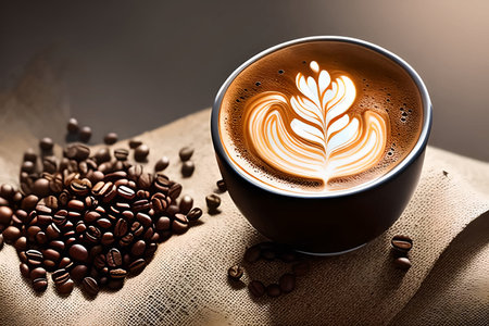 A mug of coffee, coffee beans, a drawing on coffee.の素材