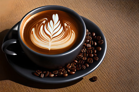 A mug of coffee, coffee beans, a drawing on coffee.の素材